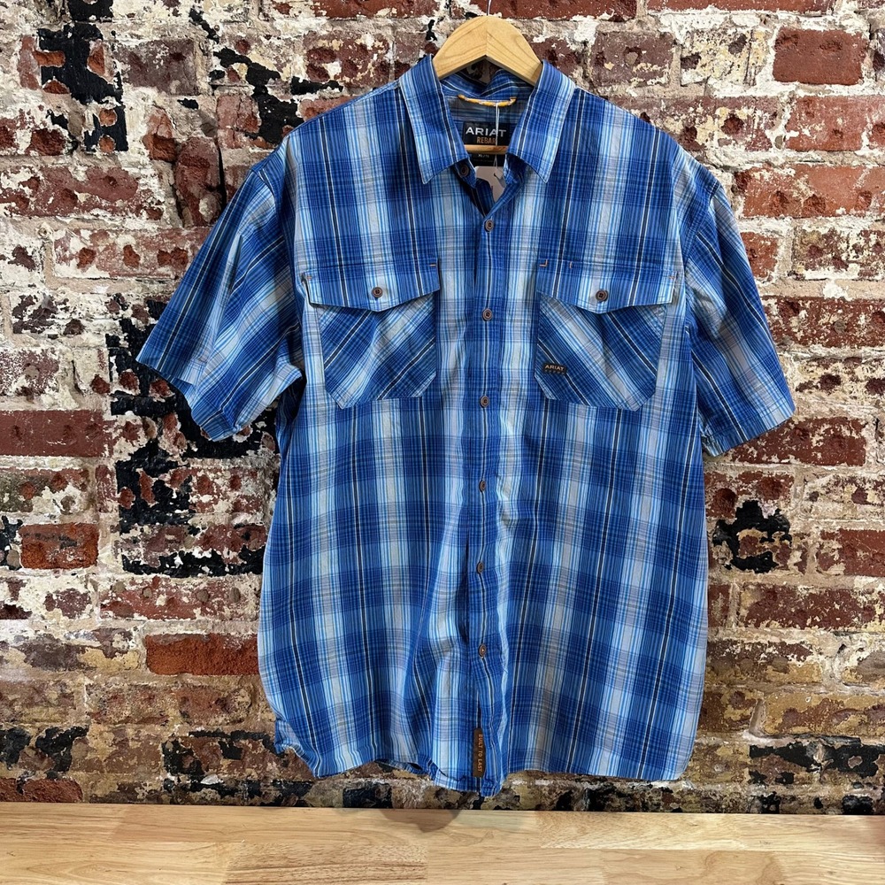 Ariat Rebar button up Short Sleeve Shirt Blue Plaid Casual Mens XL